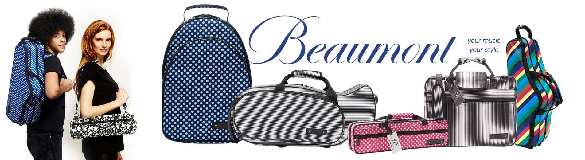 Beaumont musical instruments products, model with saxophone case, female model with flute case, samples of music bag, clarinet bag, trumpet case, flute case, sheet music bag, and saxophone case